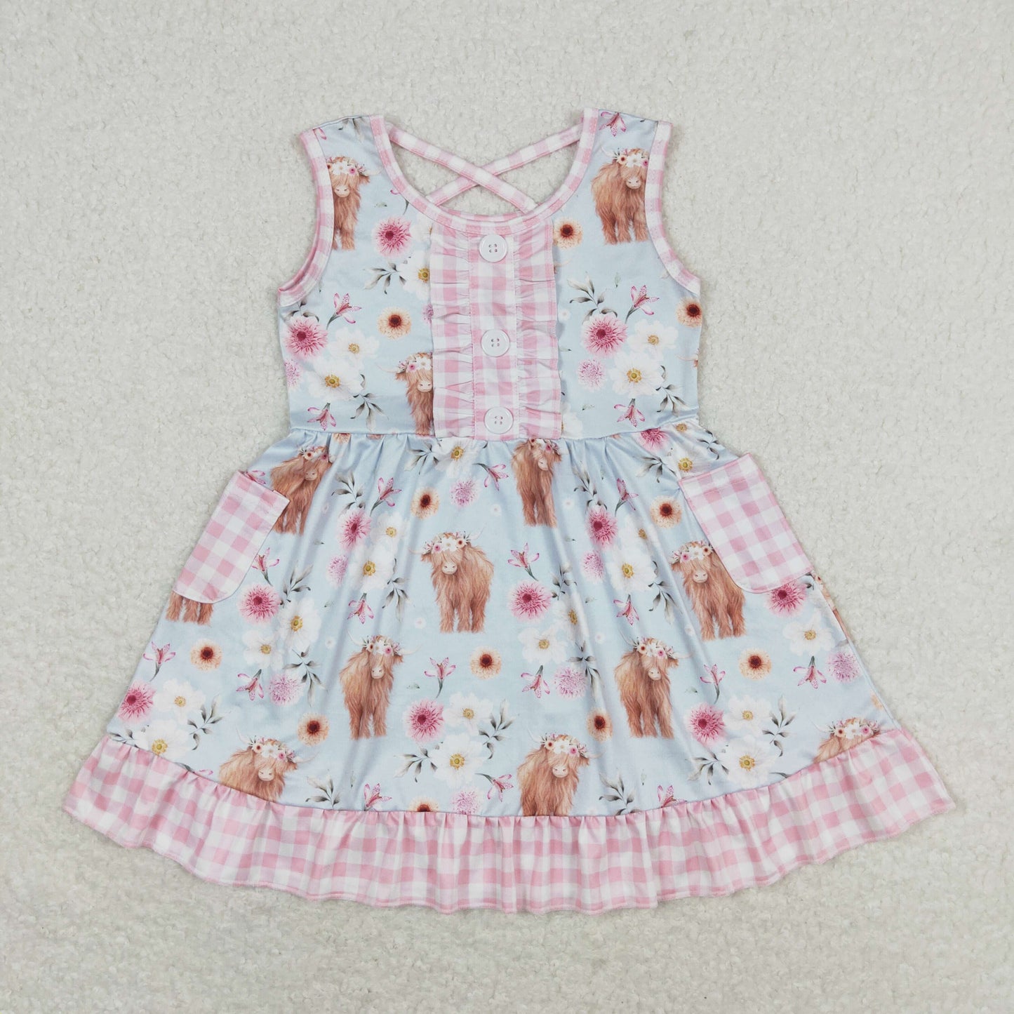 RTS no moq GSD1173 Alpine cow head flower pink and white plaid pocket light blue sleeveless dress