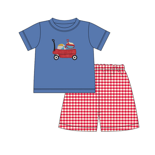 custom moq 5 eta 5-6 weeks baby boys clothes navy blue short sleeve red grid shorts summer outfit