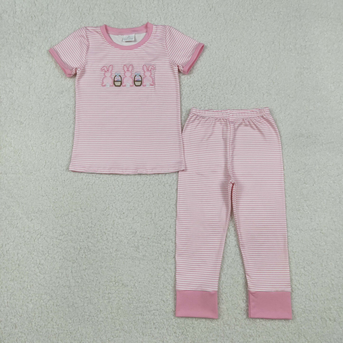 RTS NO MOQ（In Stock) Embroidered Easter Bunny Egg Basket Pink Striped Short-Sleeve Pants Pajama Set