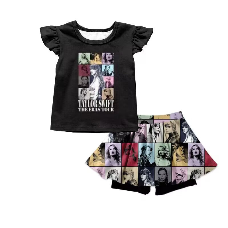 custom moq 5 eta 4-5 weeks baby girls clothes taylor swift black flying sleeve shorts girls summer outfit