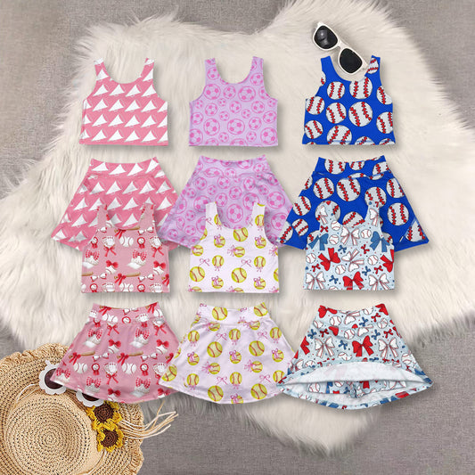 RTS NO MOQ Sibling baby girl clothes baseball sleeveless skirt yoga set