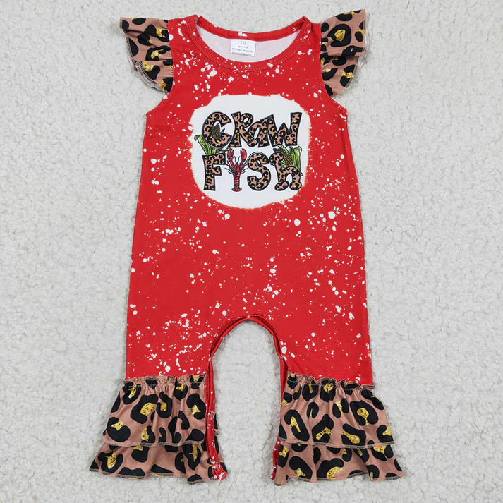 RTS NO MOQ Baby Girls Brown Leopard Print Fly Sleeve Romper & Short Sleeve Flared Pants Set