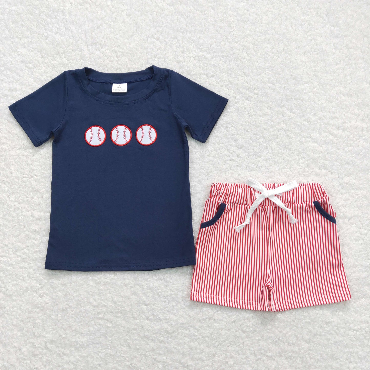 BSSO0351 Embroidered baseball navy blue short-sleeved red and white striped shorts suit