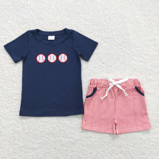 BSSO0351 Embroidered baseball navy blue short-sleeved red and white striped shorts suit