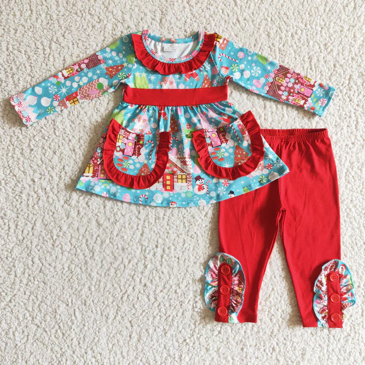 RTS NO MOQ Sibling baby girl clothes Christmas bow long sleeve pants Sets