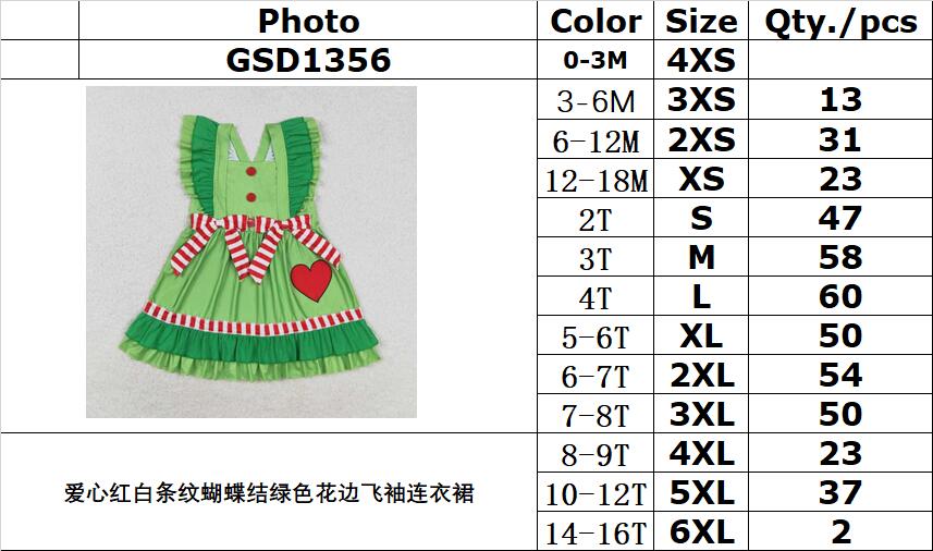 RTS no moq GSD1356 Heart red and white striped bow green lace flying sleeve dress