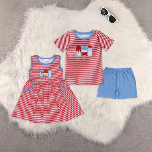 RTS NO MOQ baby boys clothes embroidery ice cream short sleeve Clothes Sets dress