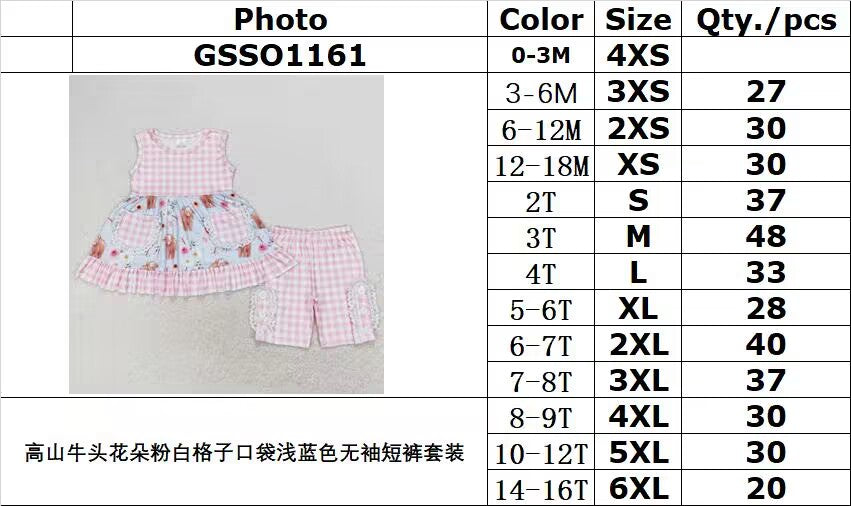 RTS no moq GSSO1161 alpine bull head flower pink and white plaid pocket light blue sleeveless shorts set