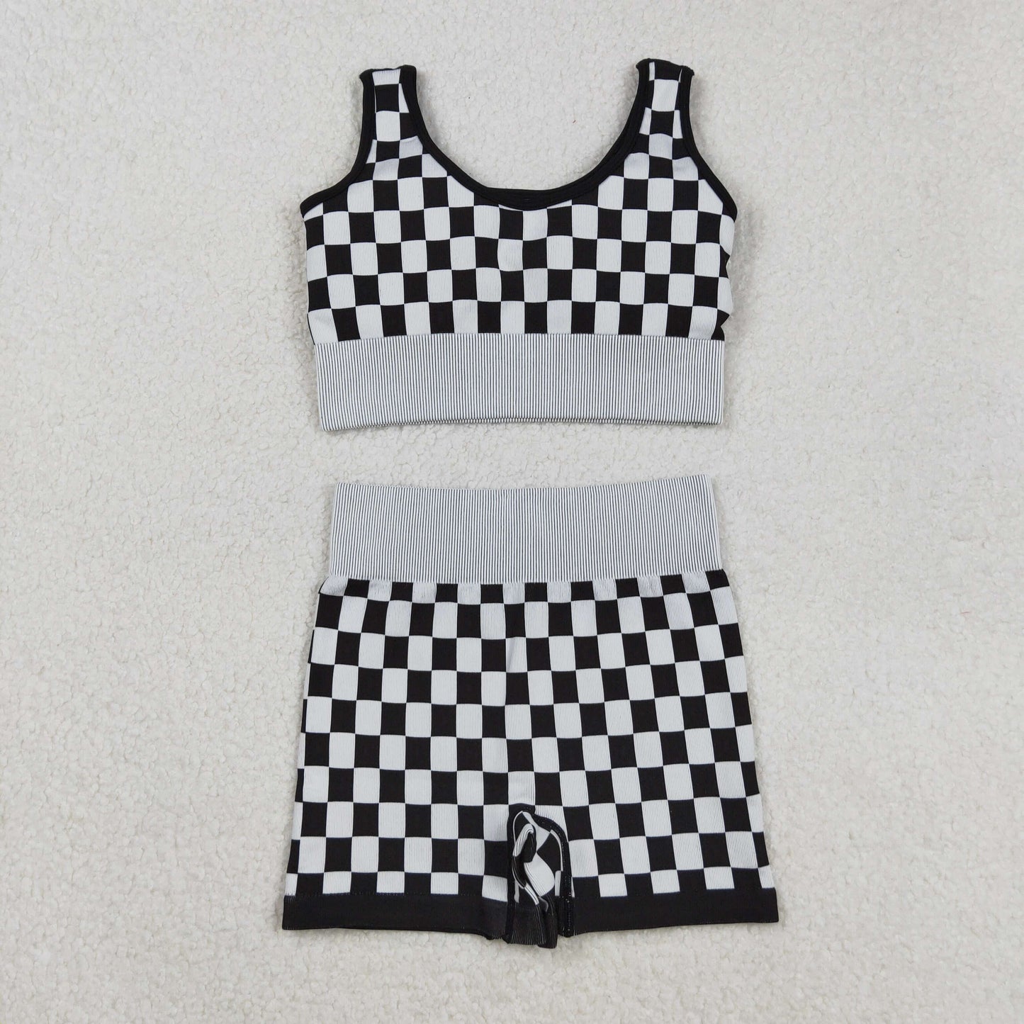 RTS NO MOQ Sibling Adult Women's Black and White Checkered Tank Top and shorts and set