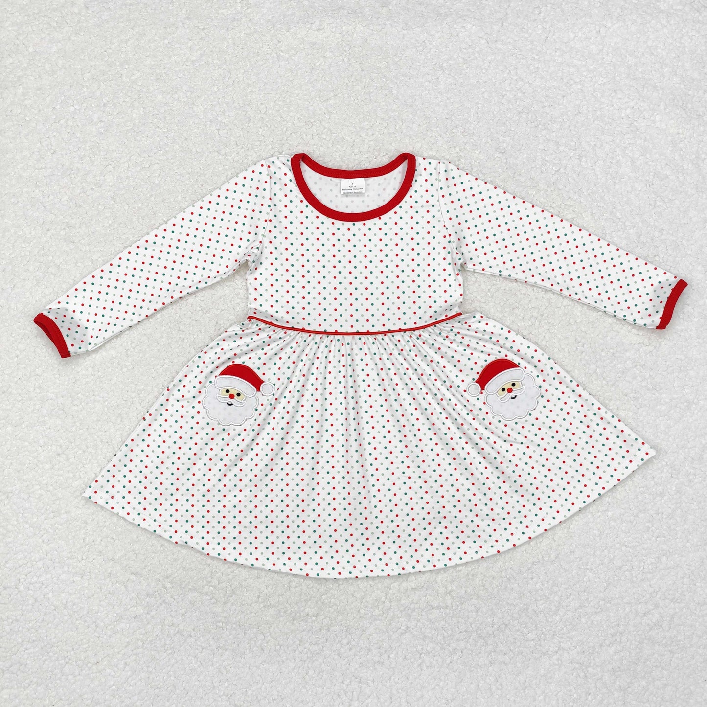 RTS NO MOQ ETA 5/7days GLD0779 Embroidered Santa Claus colorful polka dot long sleeve dress