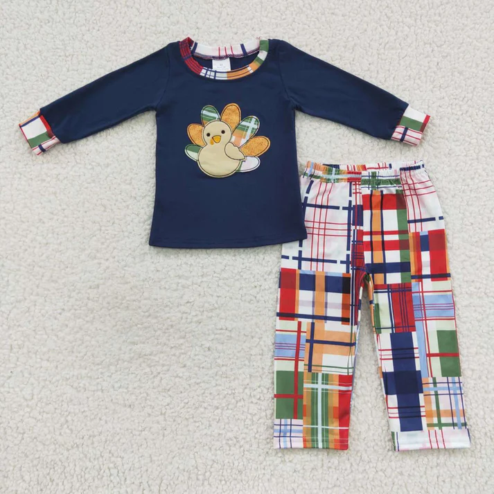 RTS NO MOQ Sibling Baby boy clothes Embroidery turkey long-sleeved trousers suits