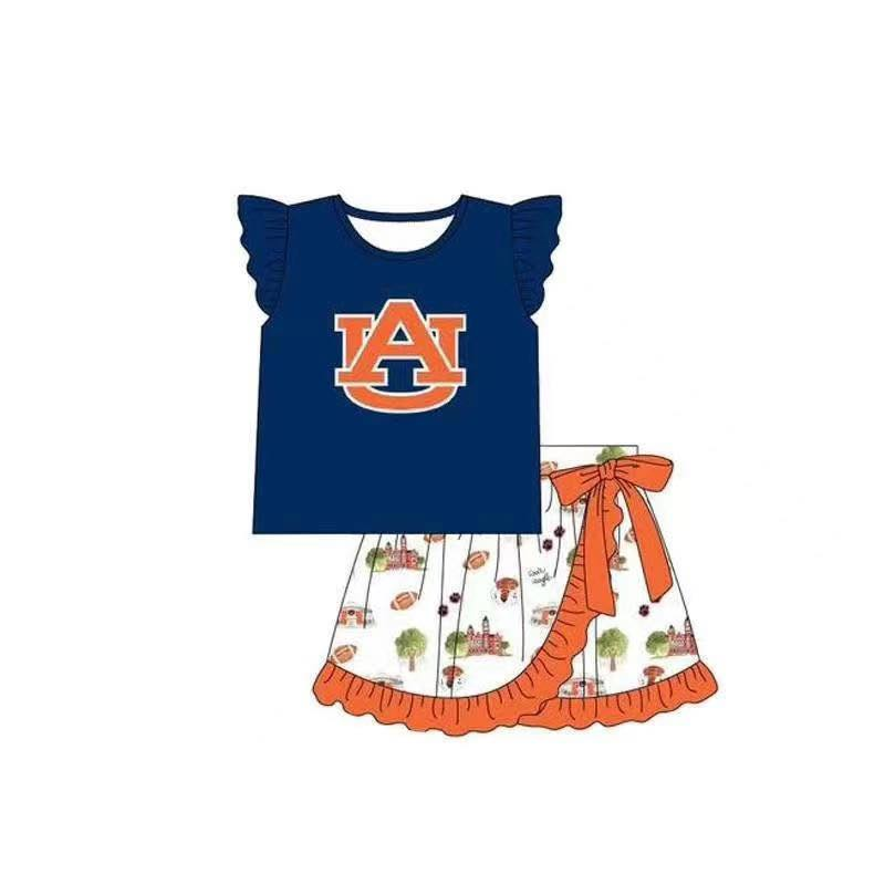 Custom summer team clothes baby girl clothes team dark blue flying sleeve shorts sets-25.5.6