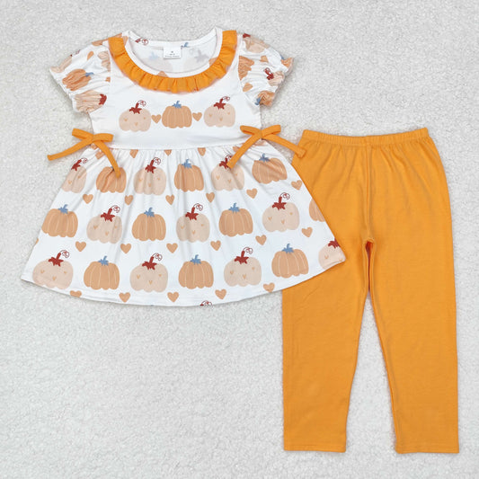 RTS NO MOQ GSPO1566 Pumpkin love heart orange lace bow short-sleeved trousers set