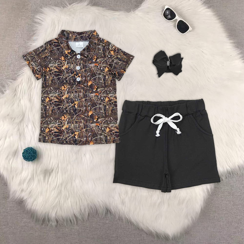 RTS NO MOQ BT0639+SS0137 HOT SELL baby boys clothes short sleeve Camouflage shorts set