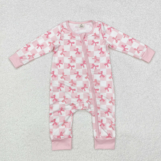 BAMBOO RTS NO MOQ ETA 5/7days Arrived LR1607 Modal bow light pink plaid zipper long-sleeved jumpsuit