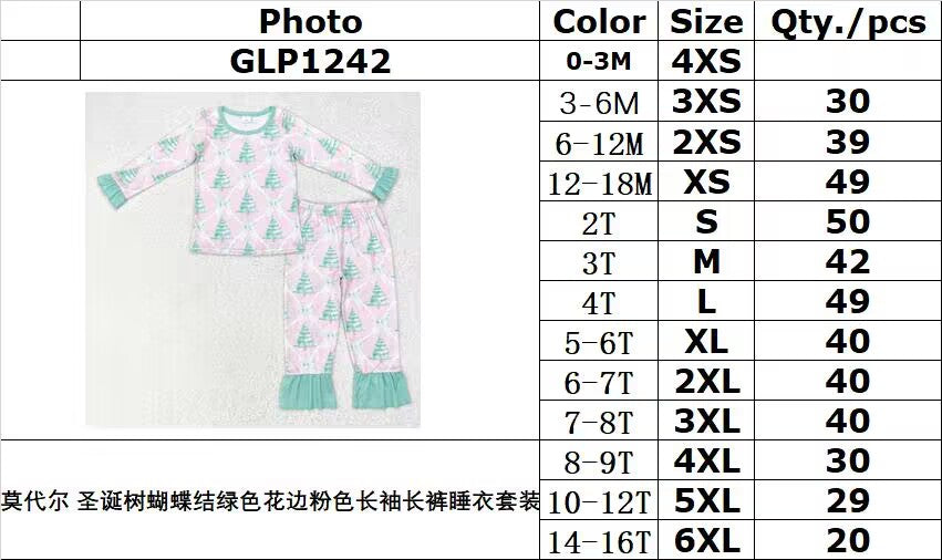 Bamboo rts no moq GLP1242 Modal Christmas tree bow green lace pink long-sleeved trousers pajama set