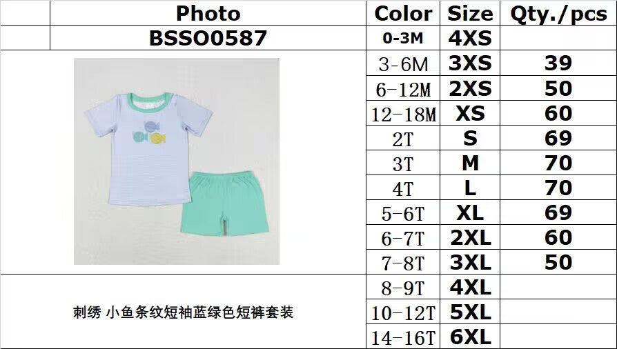 RTS no moq BSSO0587 Embroidered fish striped short-sleeved teal shorts suit