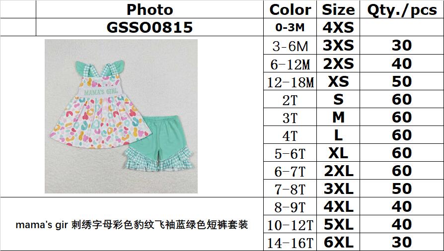 GSSO0815 mama's gir embroidered lettering colorful leopard print flying sleeve teal shorts suit