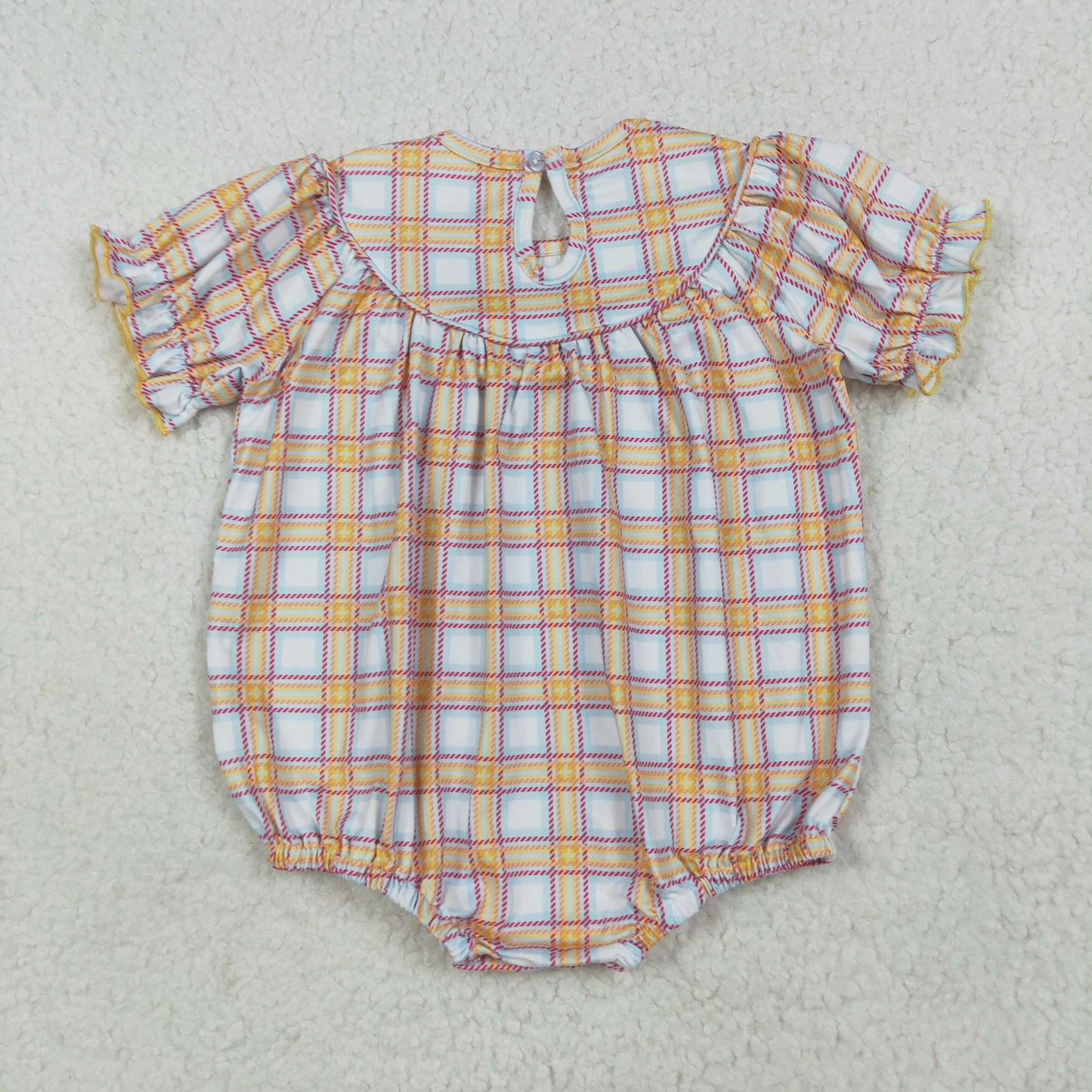 RTS NO MOQ（In Stock) SR2982 smocked embroidered farm animals red house orange plaid short sleeve jumpsuit