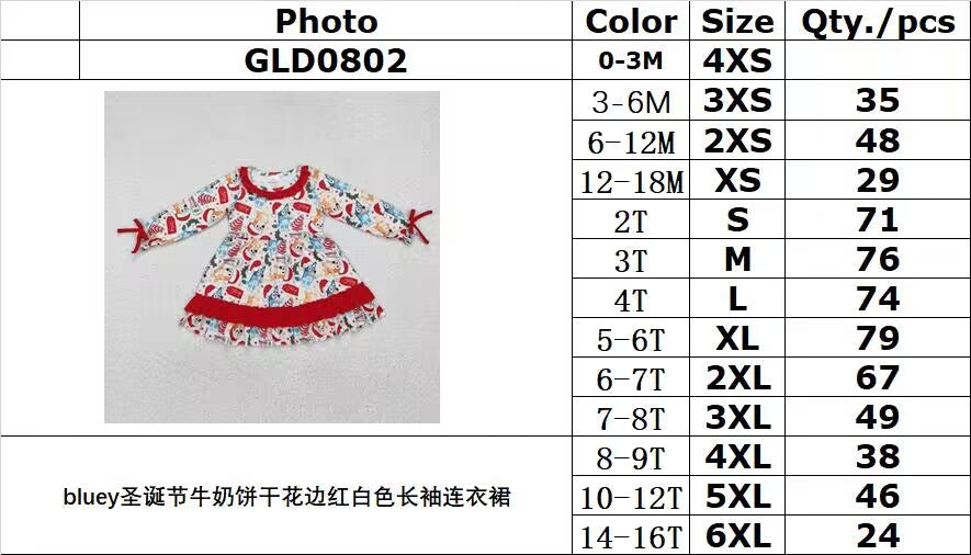 RTS NO MOQ ETA 5/7days arrived GLD0802 bluey Christmas milk biscuit lace red and white long-sleeved dress