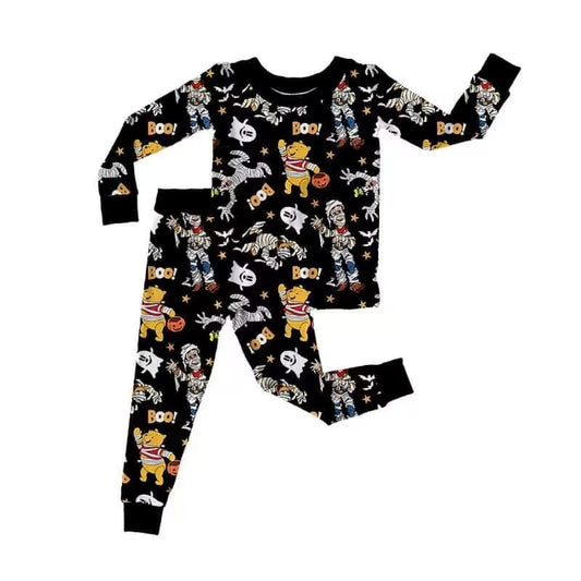 custom moq 5 eta 6-7weeks baby boys clothes cartoon Winnie the Pooh black Long Sleeve Long Pants Set