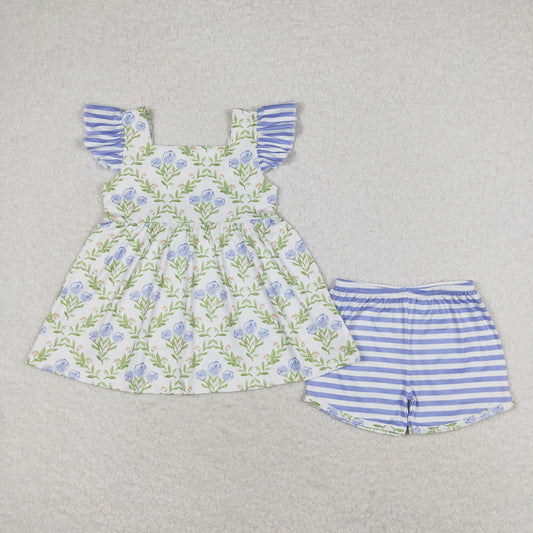 rts no moq GSSO0938 Bouquet flowers blue striped flying sleeve shorts suit