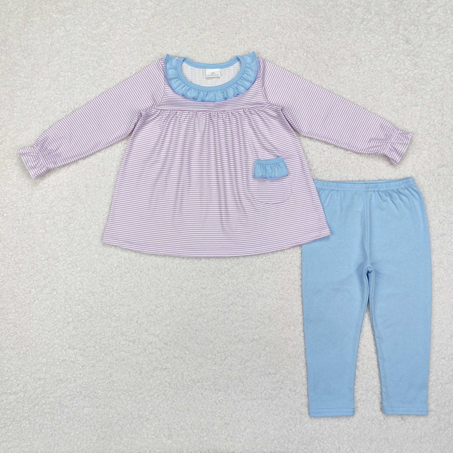 RTS NO MOQ ETA 5/7days Arrived GLP1982 Purple Stripe Pocket Blue Lace Long Sleeve Pants Set