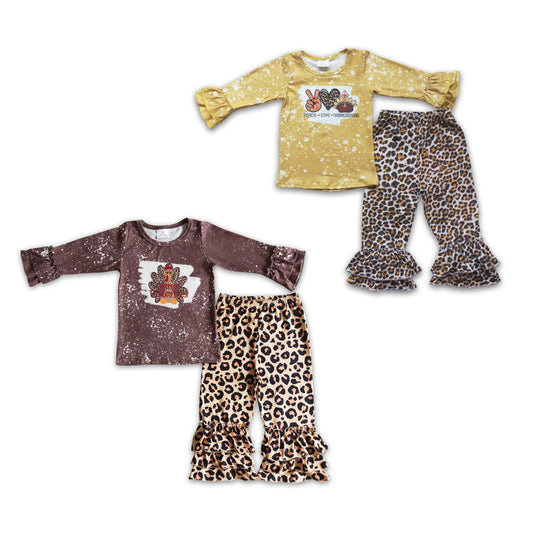 RTS NO MOQ Dark Brown Leopard Print Turkey Long Sleeve Suit & Yellow Scissors Heart Turkey Pattern Leopard Print Long Suit