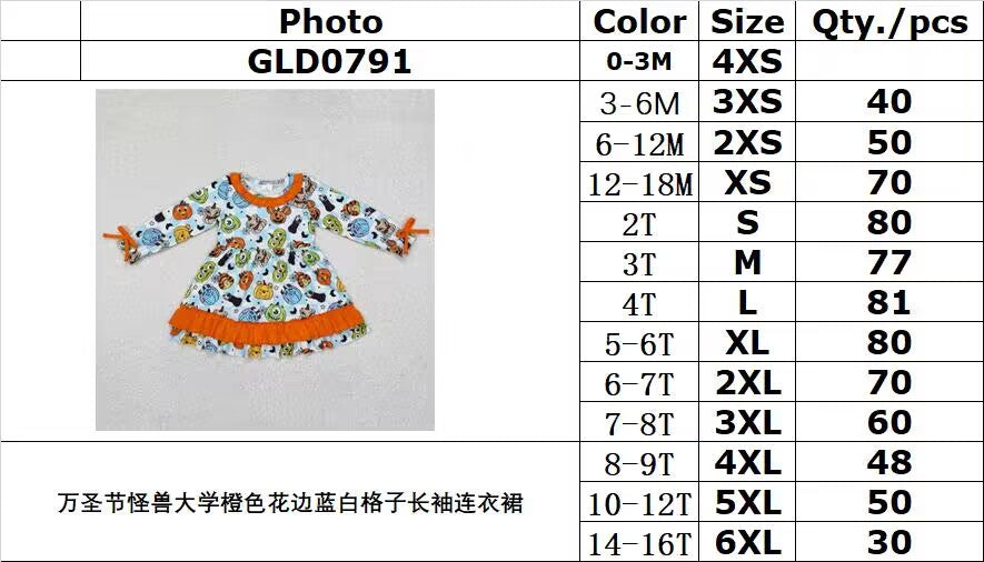 RTS NO MOQ ETA 5/7days GLD0791 Halloween Monsters University orange lace blue and white plaid long-sleeved dress