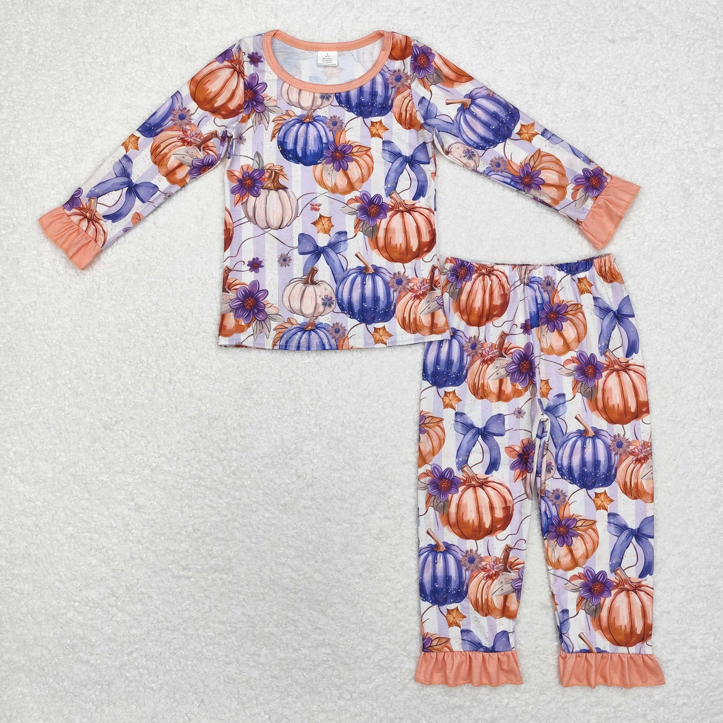 bamboo rts no moq GLP1619 Modal Pumpkin Orange Lace Purple Striped Long Sleeve Pants Pajama Set