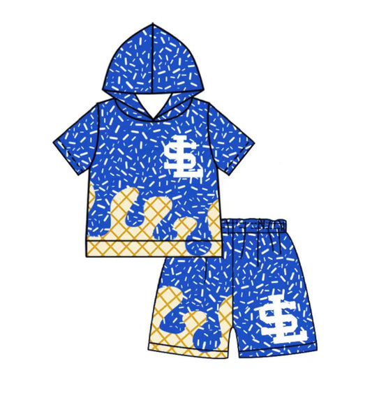 Custom moq 5 mix size milk silk summer teams baby boys clothes blue hooded short sleeve shorts sets and top and shorts