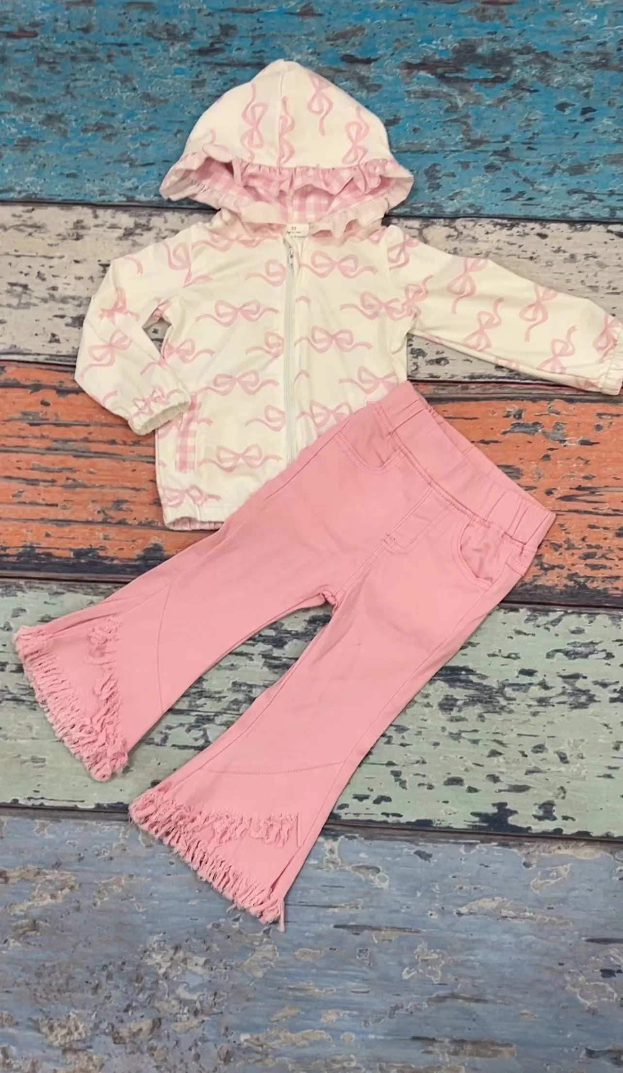 RTS NO MOQ ETA 5/7days arrived GT0873+P0463 Pink and white plaid zip-up hooded long-sleeved top with bow pattern tassel elastic waist denim trousers sets