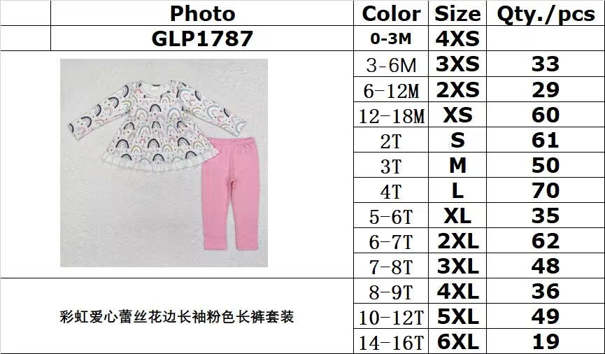 RTS NO MOQ ETA 5/7days Arrived GLP1787 Rainbow heart lace long-sleeved pink trousers set