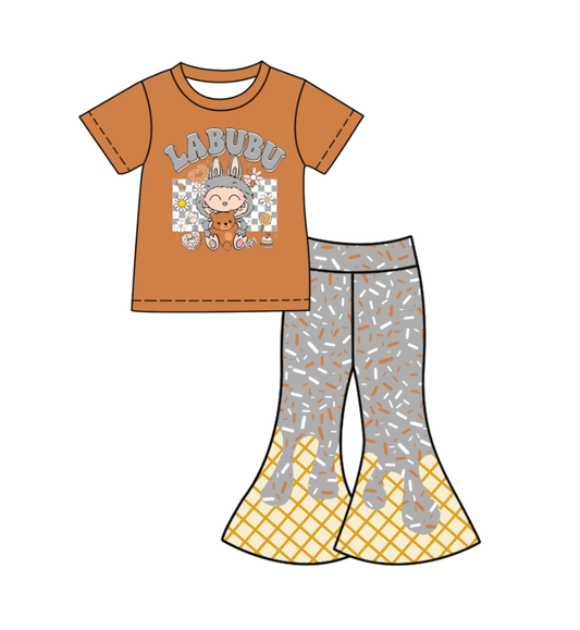 Custom moq 5 mix size milk silk baby girl clothes cartoon brown short sleeve pants sets