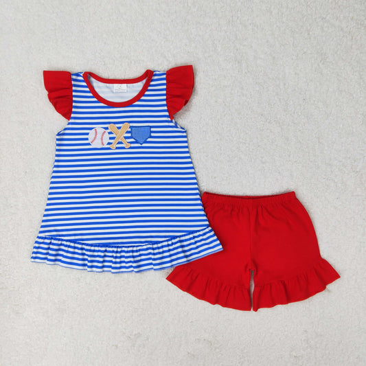 rts no moq GT0560+SS0269 Embroidered baseball blue and white striped flying sleeve top Red one layer lace shorts