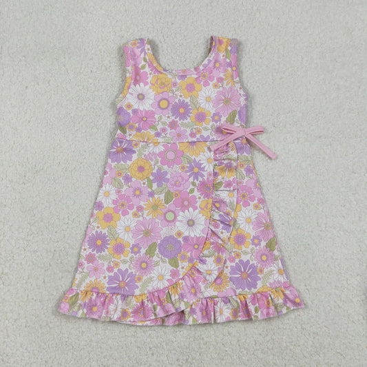 RTS NO MOQ（In Stock) Pink Bow Colorful Flower Lace Yoga Sleeveless Dress