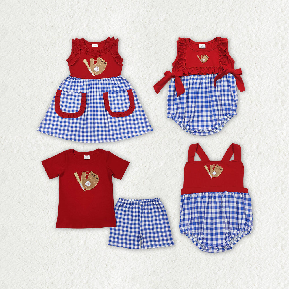 RTS NO MOQ Girls Boys embroidery baseballl Clothes Sets and dress and romper