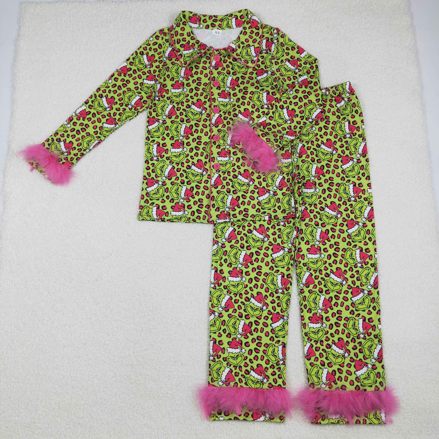 RTS NO MOQ（In Stock) GLP2670 Adult women cartoo leopard print rose red plush trim green long-sleeved trousers pajama set