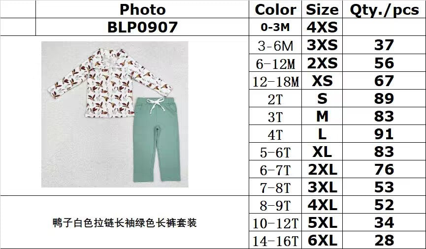 RTS NO MOQ ETA 5/7days arrived BLP0907 Duck white zipper long-sleeved green trousers set