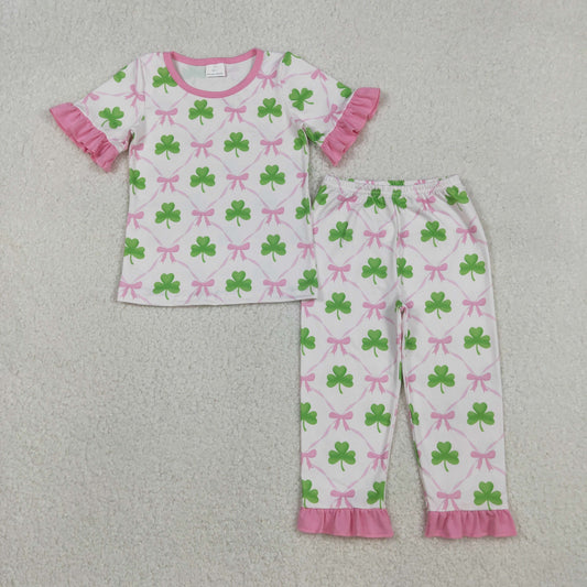 RTS NO MOQ（In Stock) GSPO1838 Four-leaf clover and bow pattern plaid pink and white short-sleeved pajama set