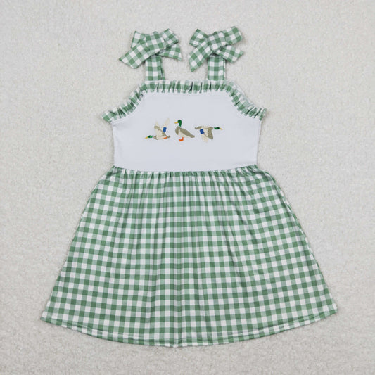 RTS NO MOQ（In Stock) Embroidered duck green and white plaid lace slip dress