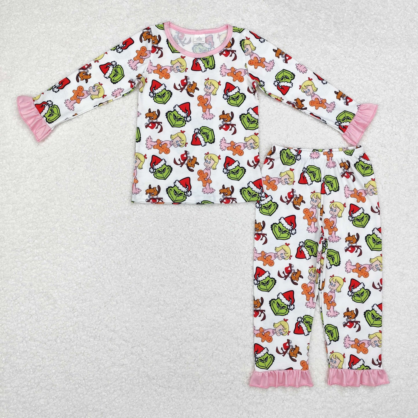 bamboo rts no moq GLP1477 grinch Modal Girl Gingerbread Man Pink Lace White Long Sleeve Pants Pajama Set