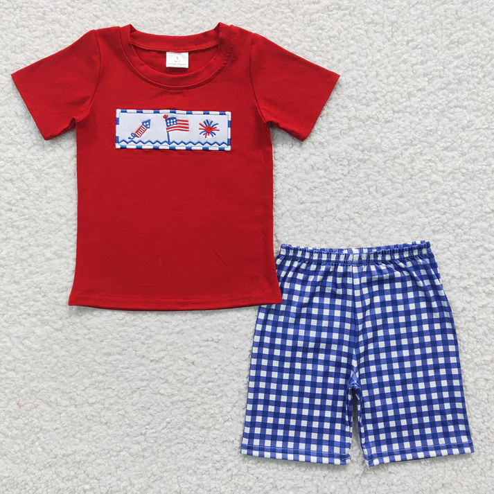 RTS NO MOQ baby boy Clothes 4th of july embroidery short sleeve shorts Sets