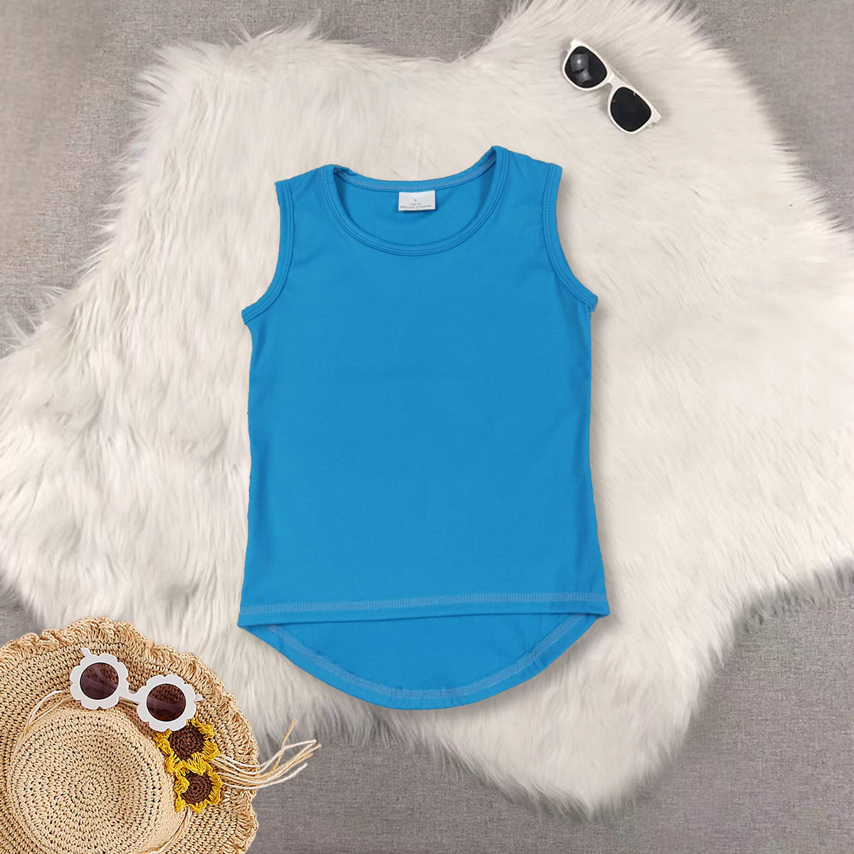 RTS NO MOQ Sibling baby girls clothes yoga Pure blue sleeveless short sets and Top and shorts