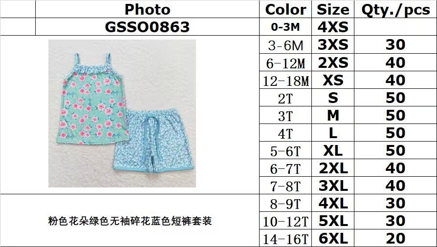 GSSO0863 Pink floral green sleeveless floral blue shorts suit