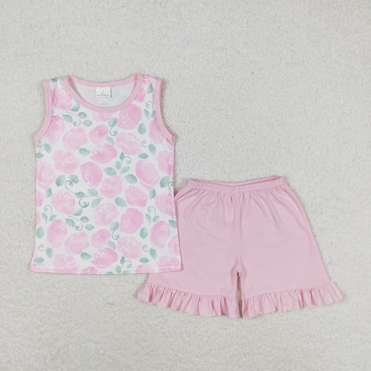 rts no moq GSSO0975 Flowers and leaves pink sleeveless shorts suit