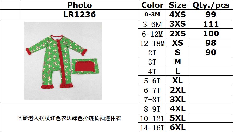 RTS NO MOQ ETA 5/7days arrived LR1236 Santa Claus cane red lace green zipper long-sleeved jumpsuit