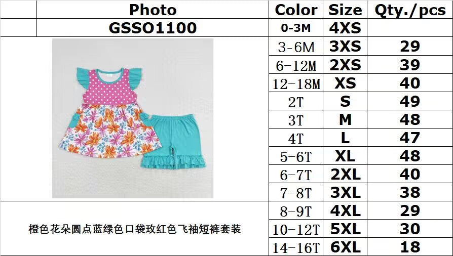 rts no moq GSSO1100 Orange flower polka dot blue green pocket rose red flying sleeve shorts set