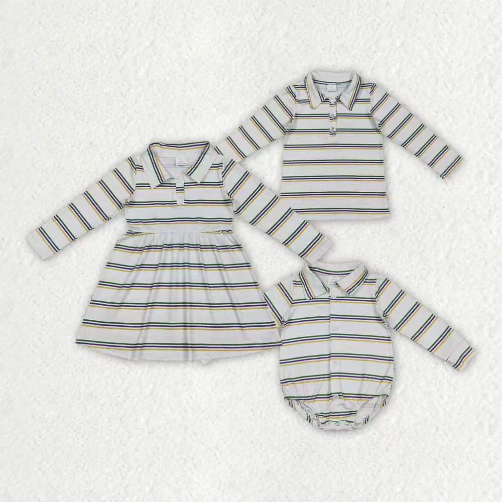 RTS NO MOQ Sibling baby girl clothes mardi gras long sleeve top & dress and romper