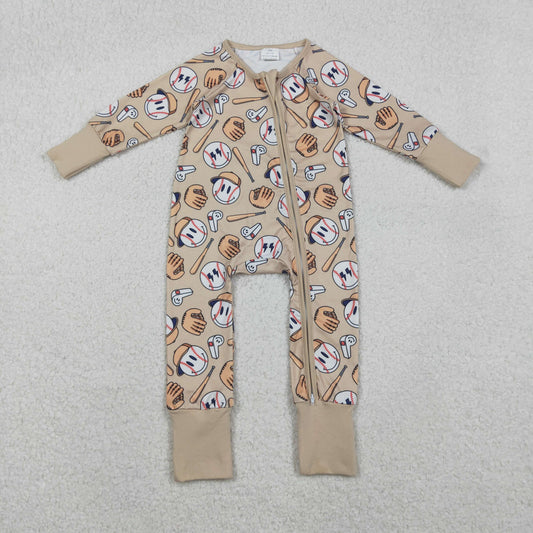 RTS NO MOQ（In Stock ) LR2816 Baseball Smiley Face Khaki Zipper Long-Sleeved Bodysuit